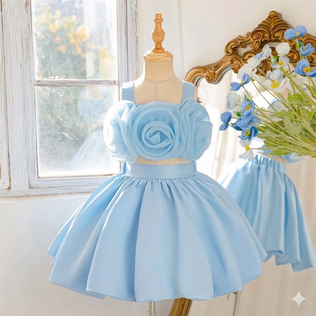 Little Girl's Pink Floral Princess Chiffon Ball Gown Dress with O-Neckline for Birthday Parties